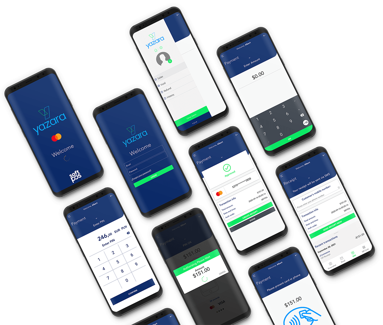 Nine smartphones showing the different screens of Yazara solution Nine smartphones showing the different screens of Yazara solution
